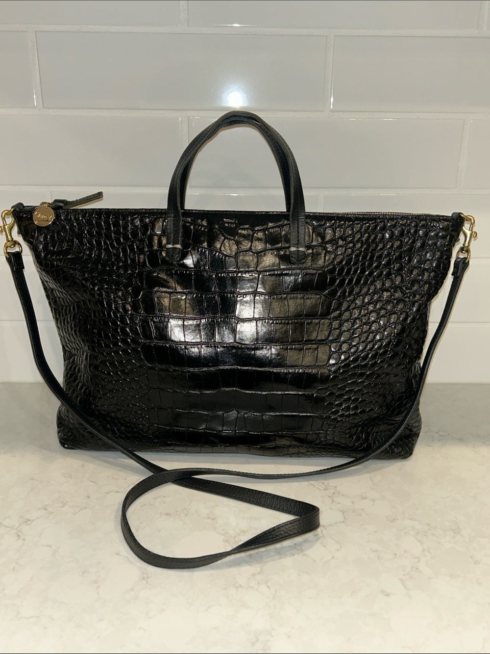 Clair V Black Croc embossed leather tote crossbody bag